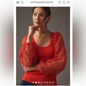 Anthropologie Maeve Lace Crochet Sleeve Ribbed Top Women’s Size M, Dark Orange